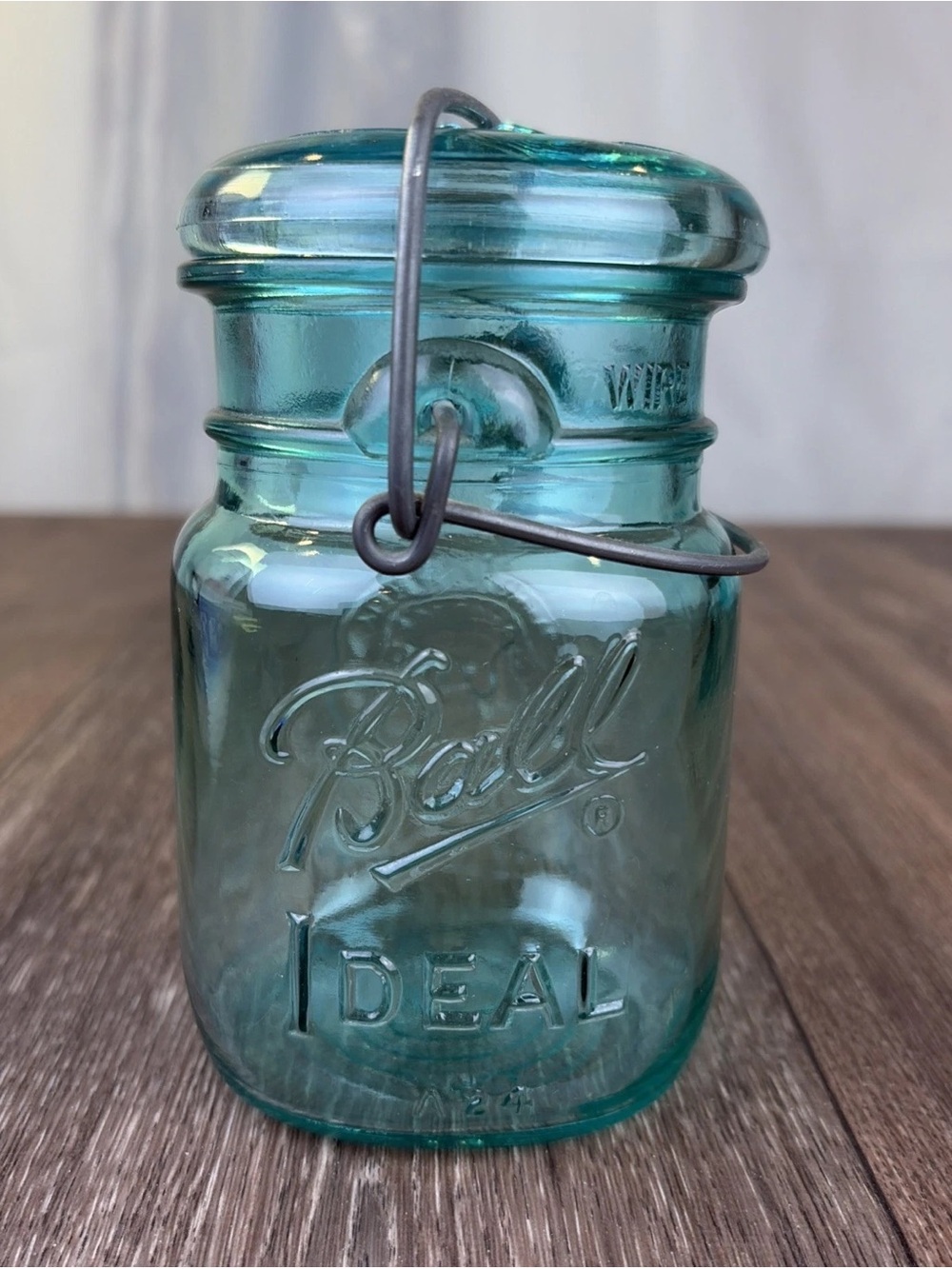 Vintage Ball Ideal Aqua Blue Glass Jar 5.5” Wire Bail w/ Lid 76 A24 Bicentennial